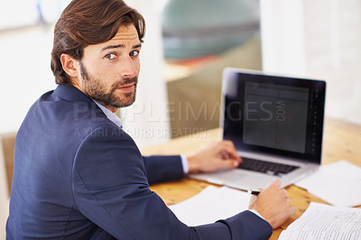 Buy stock photo Lawyer, man and home with paperwork on laptop for remote work, and confidence in suit. House, desk and professional with online for research on court case, compliance and prepare for contract 
