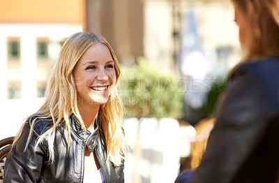 Buy stock photo Smile, face and woman friends talking outdoor at a coffee shop in summer together for bonding or reunion. Happy, chatting or conversation with young people at a cafe for a social gathering or catchup