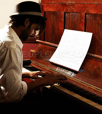 Buy stock photo Profile, music notes and man with piano, artist and keyboard with sound, audio and entertainment with performance. Person, paper and musician with jazz, performer and practice with creativity