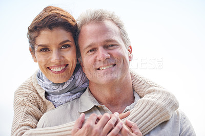 Buy stock photo Couple, portrait and happy outdoor with hug for romance, love and relationship in nature with date. Mature, man and woman or embrace with smile, trust and joyful for bonding, honeymoon and support 