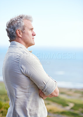 Buy stock photo Old man, relax and thinking at beach in retirement with ideas for health, holiday and mindfulness. Mature, person and planning a decision for future in mockup space with blue sky, ocean and sea