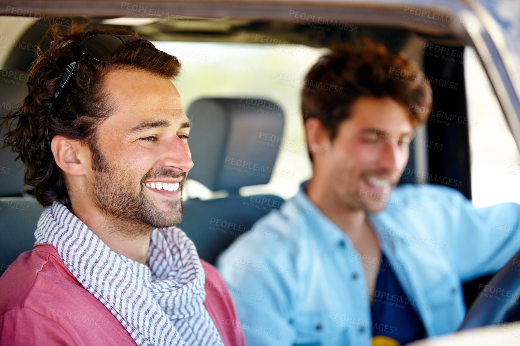 Buy stock photo Freedom,, driving and happy men friends in a car for road trip, adventure or vacation together. Travel, transportation and people laugh in a vehicle for holiday, trip or journey outdoor while bonding