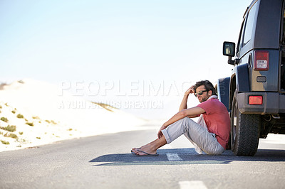 Buy stock photo Problem, desert and man at car on road trip with emergency, travel and desert adventure for vacation. Transport, stress on journey and driver waiting on floor at van with breakdown, suv and relax.