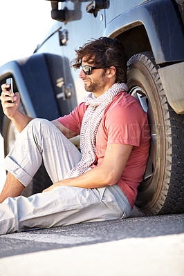 Buy stock photo Car road trip, phone and man reading digital map, location or booking vehicle support service on outdoor journey. Smartphone, transportation van fail and person check GPS, app or guide for SUV van