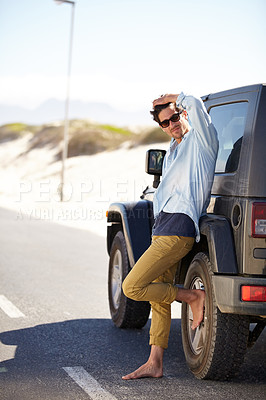 Buy stock photo Road trip, travel and man waiting for car help, support or service on road journey, summer adventure or street transportation. Automobile break, patience and person leaning on SUV, van or vehicle