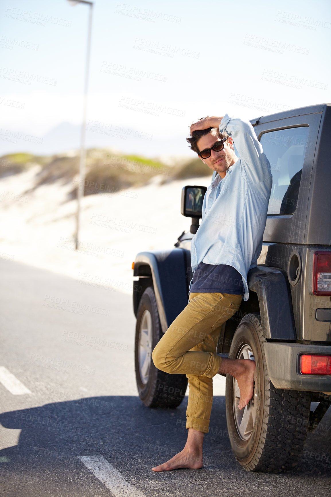 Buy stock photo Road trip, travel and man waiting for car help, support or service on road journey, summer adventure or street transportation. Automobile break, patience and person leaning on SUV, van or vehicle