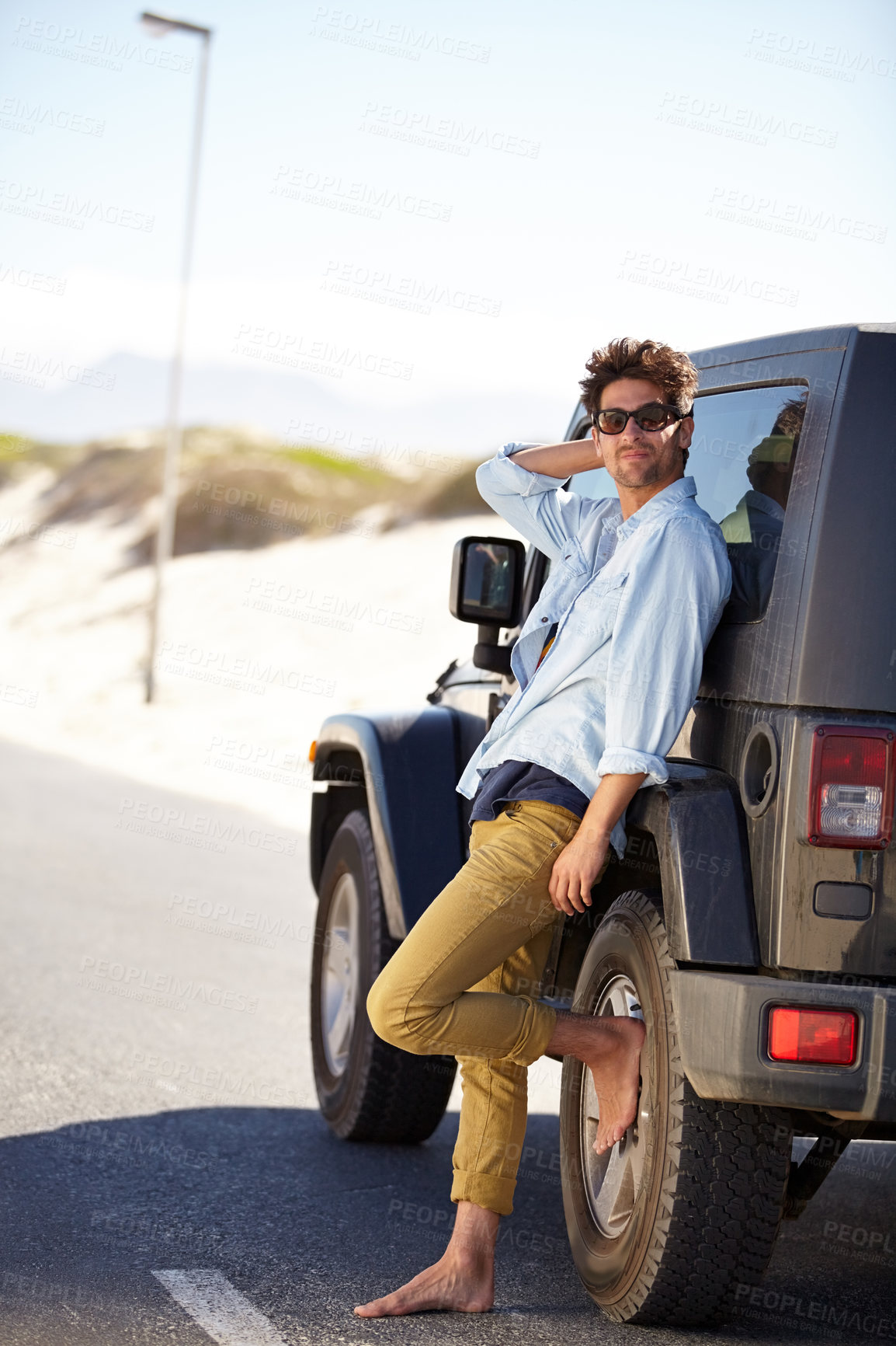 Buy stock photo Road trip, relax and man waiting for car help, support or motor service on journey, summer adventure or getaway on open road. Automobile breakdown, travel and male driver leaning on transport vehicle