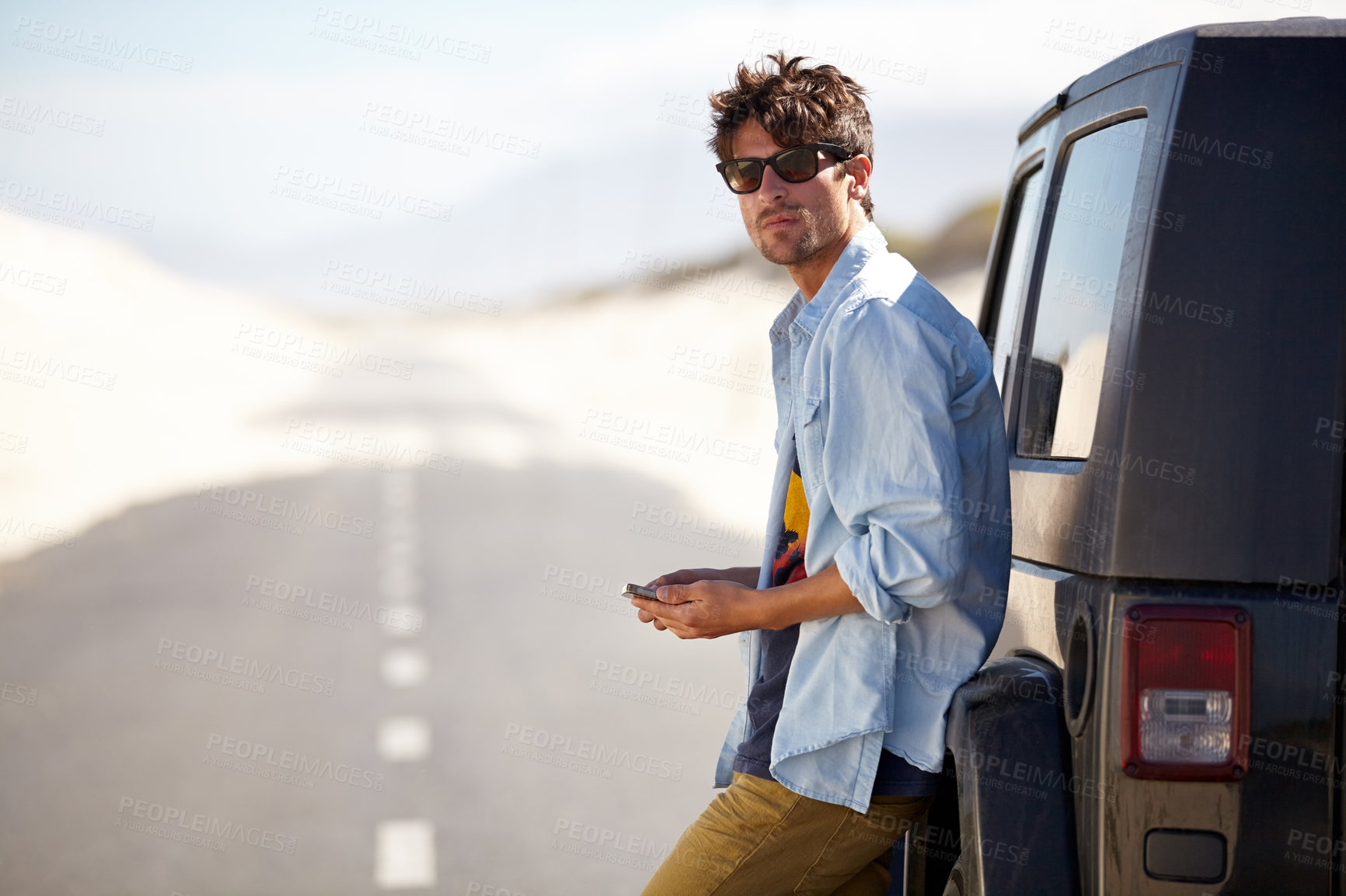 Buy stock photo Car road trip, phone or man looking at direction, traffic way or online travel map, navigation app and waiting for SUV support. Cellphone GPS, 4x4 van problem or driver booking transportation service