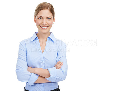 Buy stock photo Leadership, arms crossed and portrait of business woman in studio on white background mock up. Face, boss and smile of happy, confident and proud female from Canada with vision and success mindset.