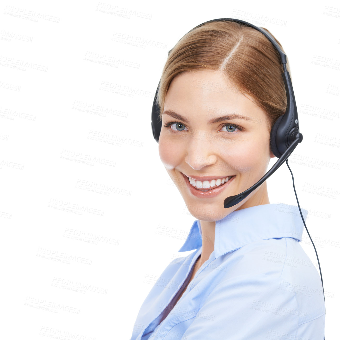 Buy stock photo Face, customer service portrait and woman at call center in studio isolated on white background mock up. Crm, contact us and happy female telemarketing worker, consultant or sales agent from Canada.