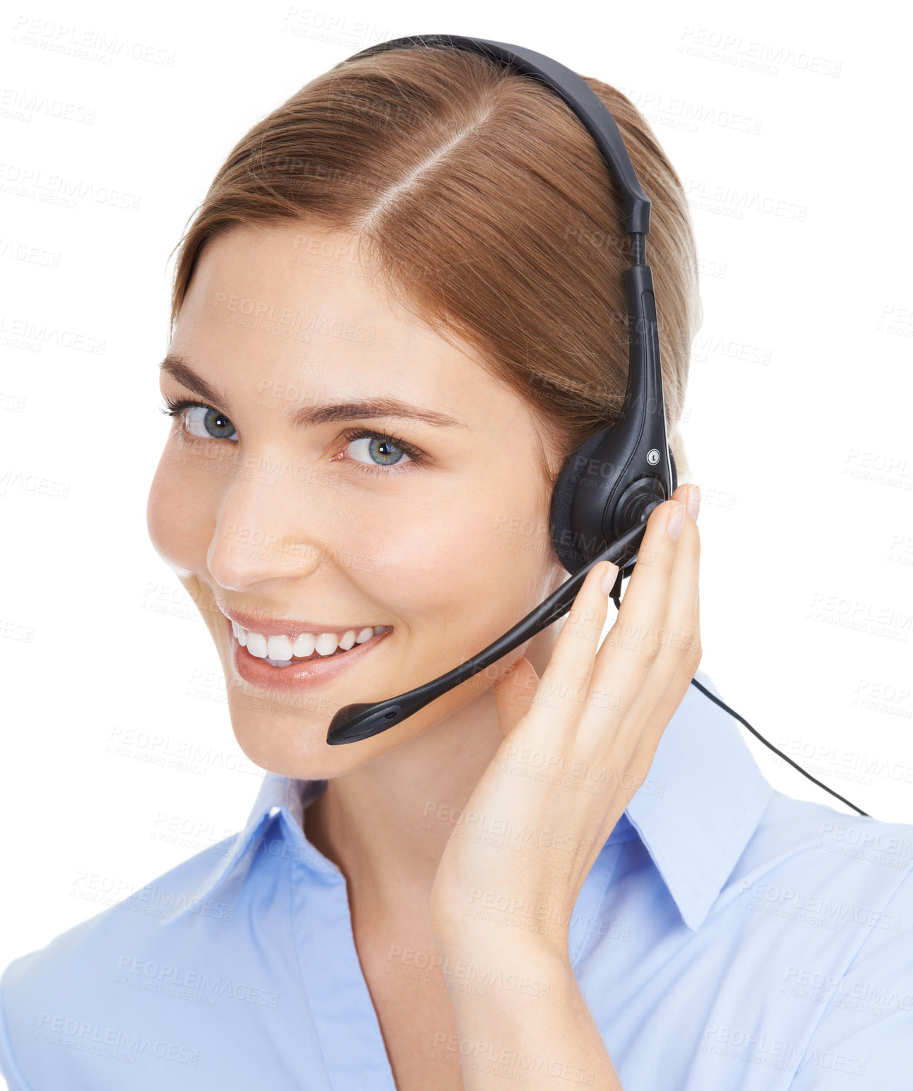 Buy stock photo Call center, face and woman on a white background for telemarketing, contact us or telecom consulting. Happy woman consultant, customer support worker or callcenter employee smile in studio portrait