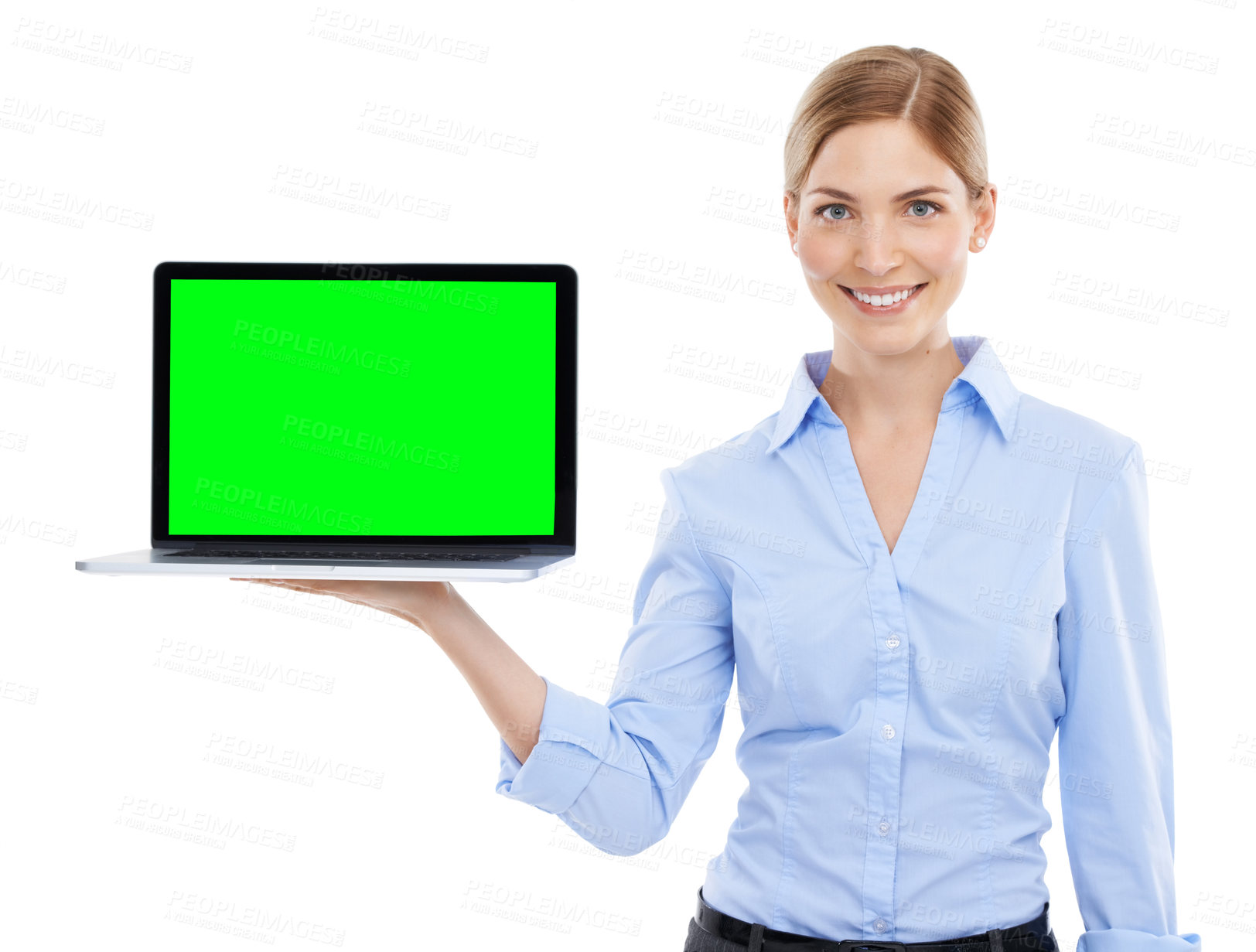 Buy stock photo Portrait, green screen and business woman with laptop in studio isolated on white background. Face, product placement and female employee holding computer with mock up, chroma key or marketing space.
