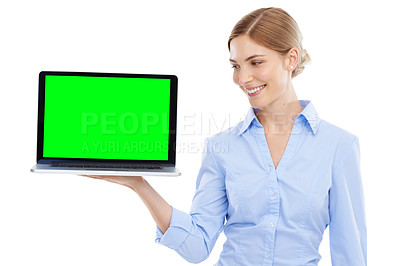 Buy stock photo Laptop, green screen and business woman in white background, isolated studio and mockup advertising space. Worker, female model and mock up computer, website technology and digital marketing platform