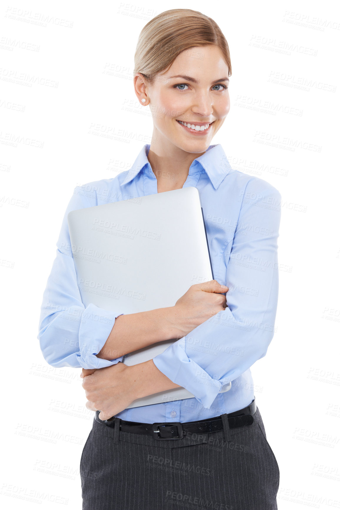 Buy stock photo Corporate, worker and business woman with laptop in portrait, technology and internet network on white background. Company communication, email and employee work, happy professional female with tech