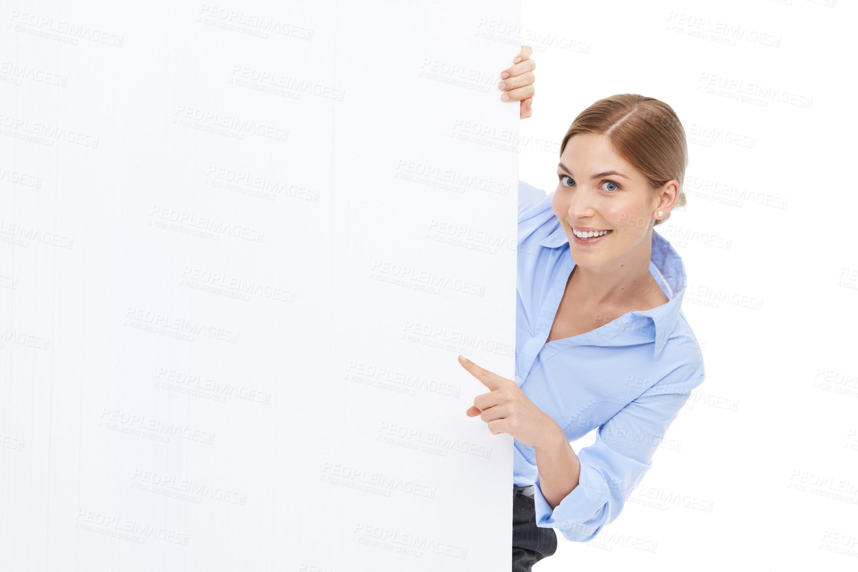 Buy stock photo News, woman pointing at blank sign and mockup with product placement isolated on white background. Advertising, marketing and body portrait of happy woman with poster board announcement and smile.