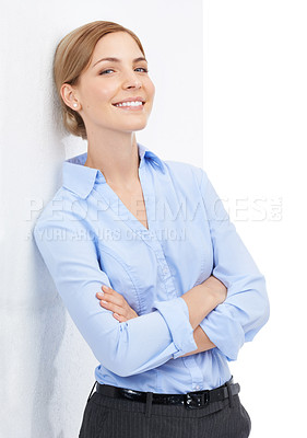 Buy stock photo Business woman, happy portrait and arms crossed with a smile and pride for leadership and career choice. Entrepreneur in studio for startup success and happiness isolated on white background