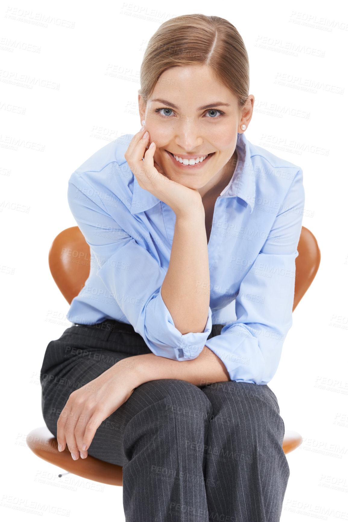 Buy stock photo Woman, portrait and sitting on office chair in studio, white background and happiness. Happy business worker, female model and office chair of employee, entrepreneur or motivation in corporate career