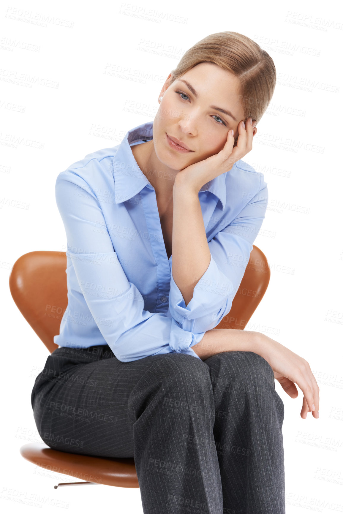 Buy stock photo Thinking business woman, sad or hand on isolated white background in mental health, anxiety or stress burnout. Corporate worker, worried or employee in company investment loss or financial tax crisis