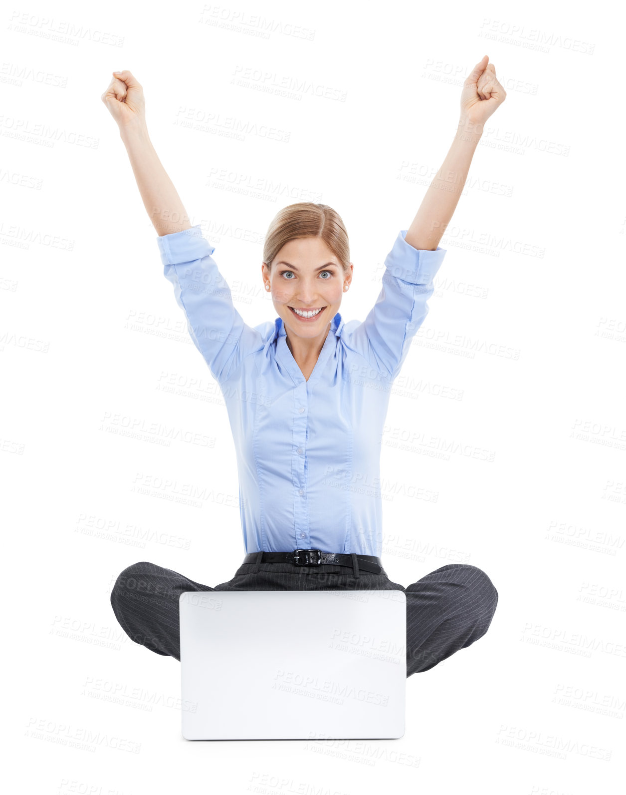 Buy stock photo Winner, celebration and business woman with laptop in studio isolated on white background. Success, computer or portrait of female celebrating goals, target achievement or victory, lottery or winning
