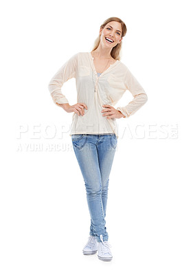 Buy stock photo Happy, fashion and portrait of woman in studio with casual, clothes or confidence on white background space. Fashionable, style or female model smile in comfortable, cool or trendy boho outfit choice