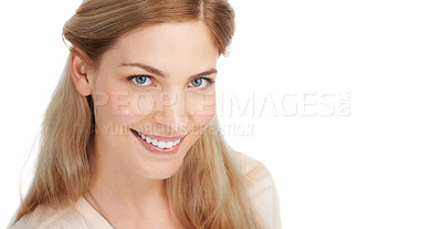 Buy stock photo Portrait, makeup and happy woman on studio mockup for natural beauty, wellness or cosmetics on white background. Smile, face and lady model with glowing skin, dermatology or treatment satisfaction
