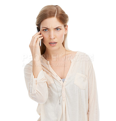 Buy stock photo Woman, angry and stress with phone call in studio, social and feedback or bad connection for communication. Model, frustrated and smartphone for discussion, chat and technology by white background