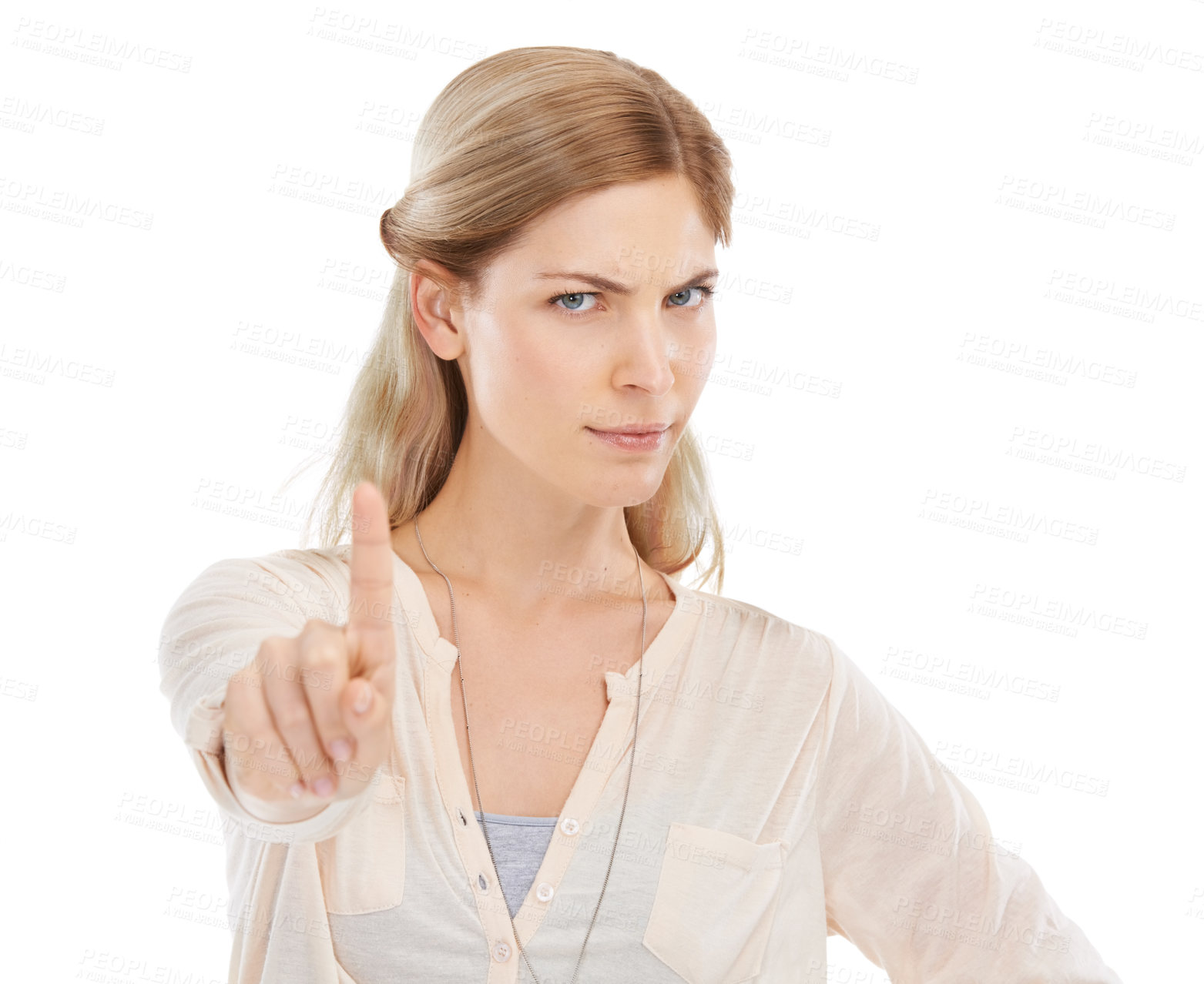 Buy stock photo Stop, no finger and portrait of angry woman in studio with warning, threat or sign for boundaries on white background. Wait, face or female model with protest hand emoji for limits, order or security
