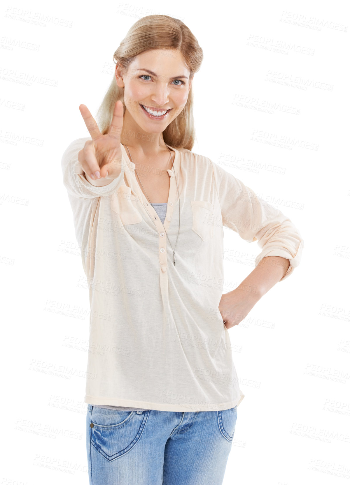 Buy stock photo Smile, peace sign and portrait of woman in studio isolated on a white background. Happy, fingers and v hand gesture, emoji and young model with symbol for victory, success and winning on social media