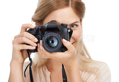 Buy stock photo Photographer, camera lens and focus with woman and creative, take picture for art and photo journalist on white background. Press, creativity and photography in studio for content creation with tech