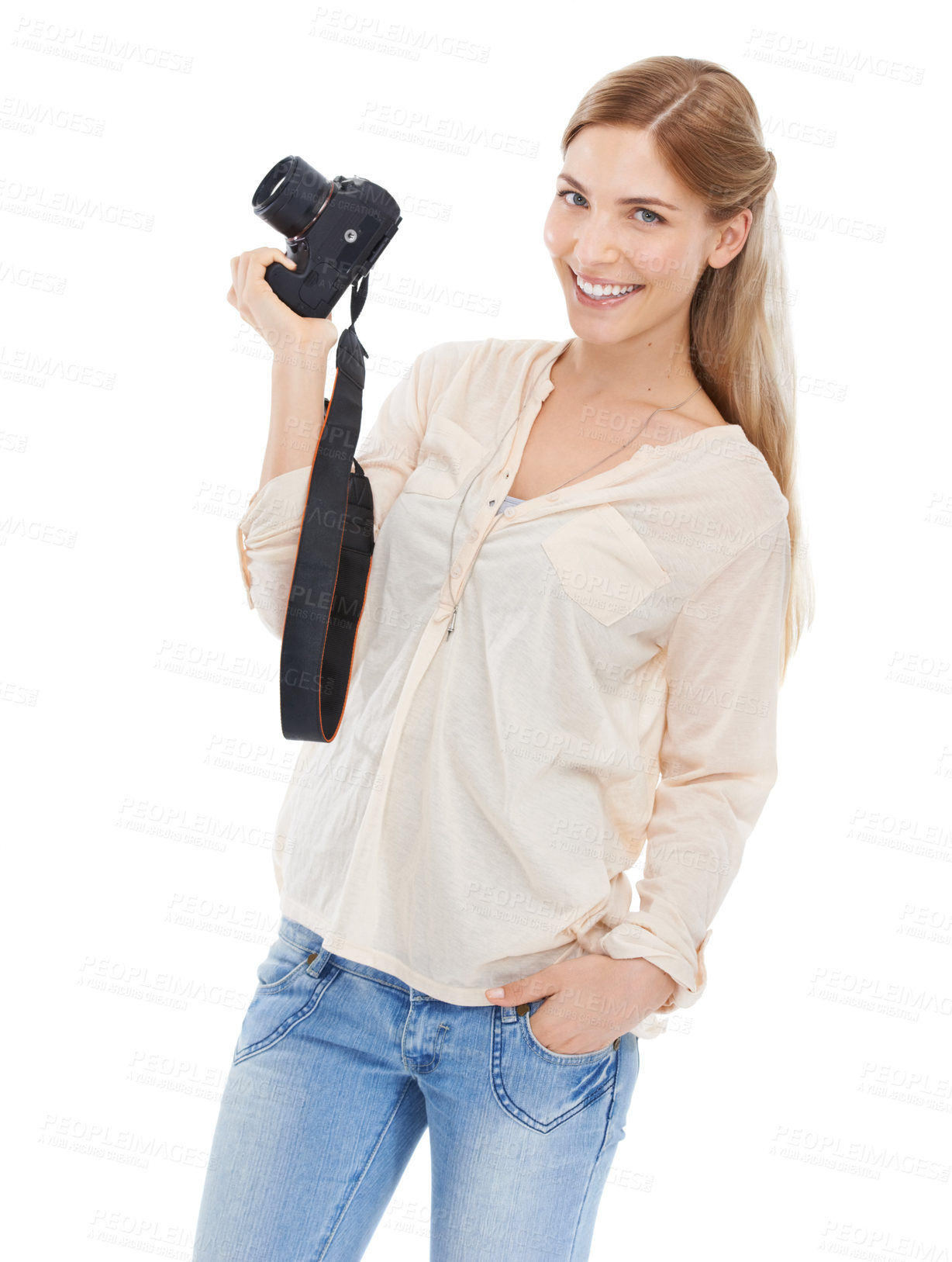 Buy stock photo Portrait, creative photographer and happy woman with camera in studio isolated on a white background. Confident person, paparazzi and technology for hobby, taking pictures or professional photoshoot