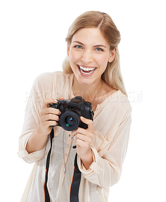 Buy stock photo Portrait, photographer and excited woman with camera in studio isolated on a white background. Funny face, paparazzi and technology for hobby, taking pictures and creative professional photoshoot