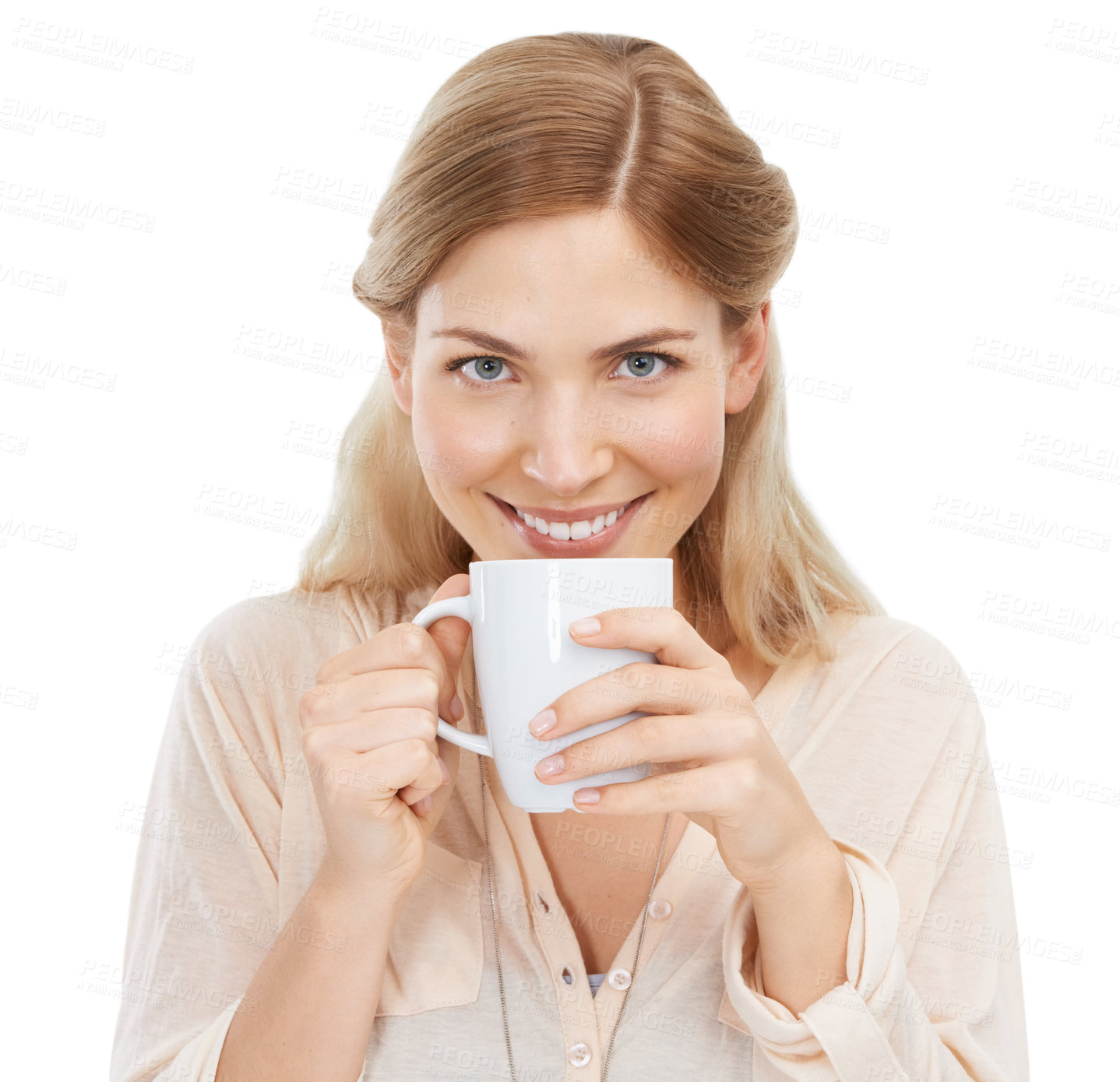 Buy stock photo Happy, portrait and woman relax with coffee in studio with calm, moment or comforting drink on white background. Face, smile and female model with cup of tea for me time, self care or satisfaction