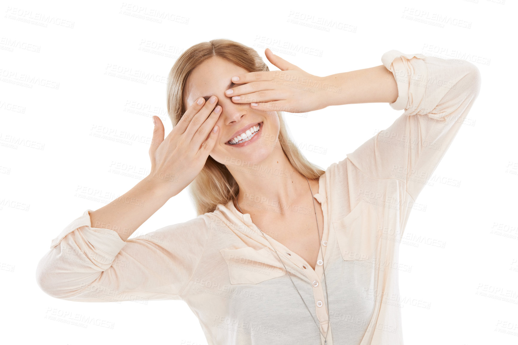 Buy stock photo Face, smile and woman covering eyes for surprise in studio isolated on a white background. Happy person, hide and seek while waiting for gift, hand gesture and facial expression for playing peekaboo