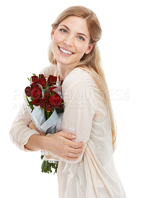 Buy stock photo Portrait, woman and bouquet of roses, smile and loving with girl isolated on white studio background. Face, female and lady with flowers, florals and happiness for Valentines day, dating and happy