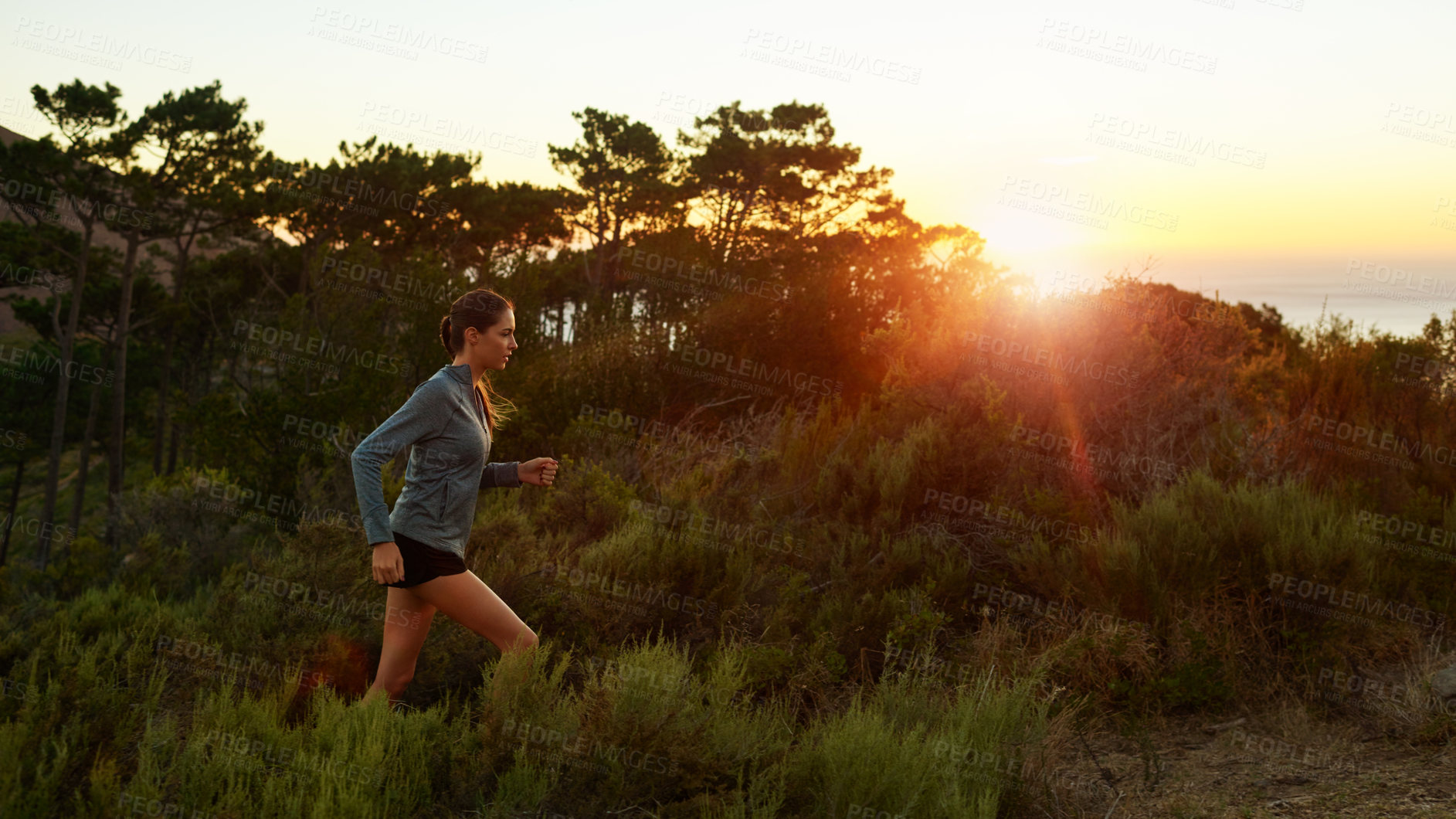 Buy stock photo Woman, morning and running in forest at sunset for fitness on trail for exercise, training and workout. Endurance, nature and athlete in outdoor sports for practice for wellness and health in woods