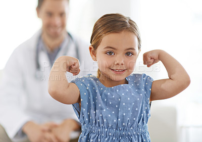 Buy stock photo Pediatrician, child and arm with flex for growth, brave and strong with happiness for treatment. Doctor, smile and child at clinic with success for test results, consultation or healthy immune system