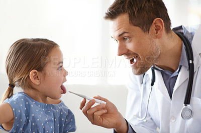 Buy stock photo Child, male doctor and thermometer in clinic for medical risk of covid infection, flu and fever. Pediatrician, sick girl kid and testing temperature in mouth for disease, healthcare service and virus