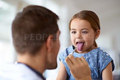Buy stock photo Kid, doctor and thermometer in mouth at hospital of medical risk, covid infection and fever. Pediatrician, sick girl and testing temperature of children, flu virus and healthcare consulting in clinic