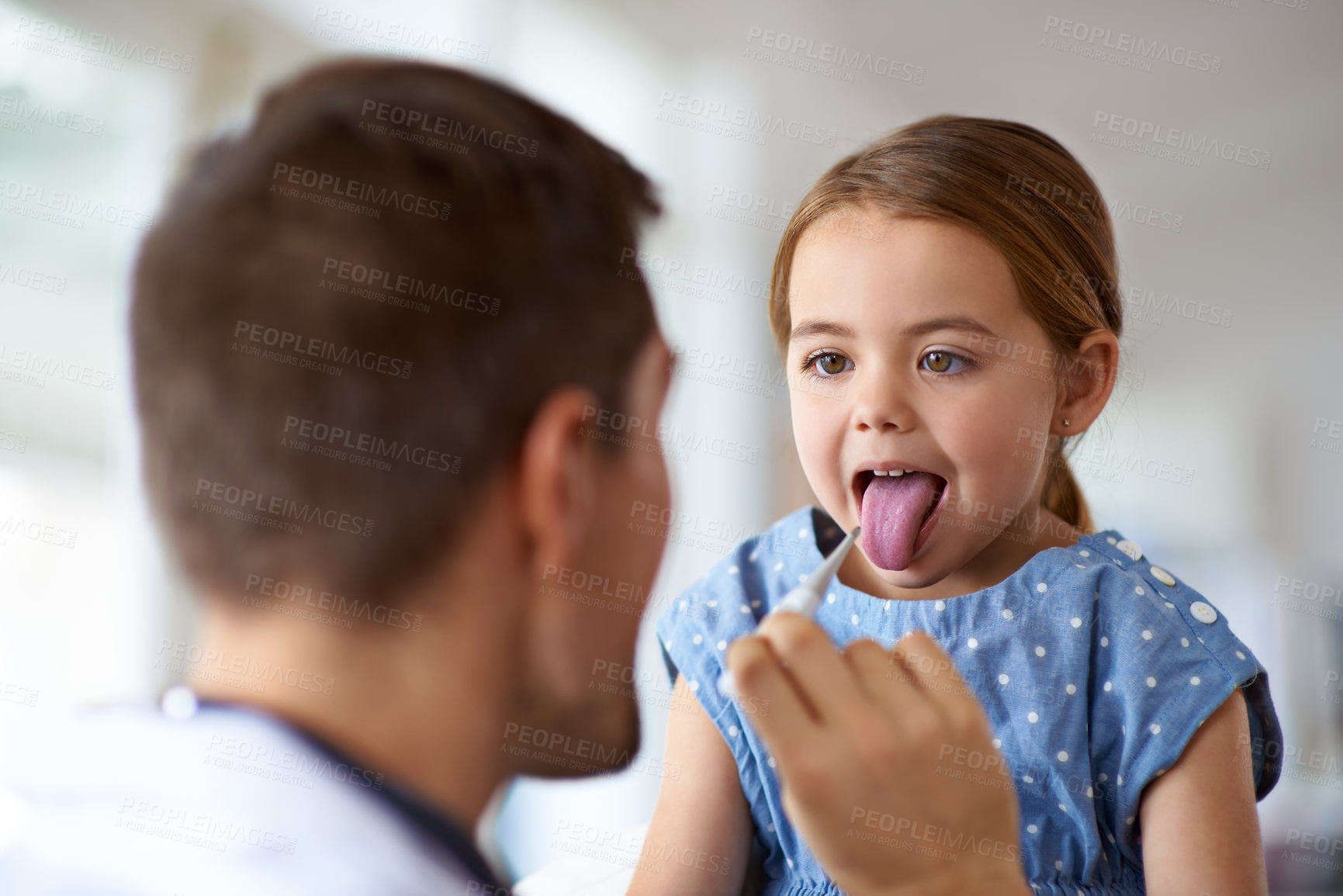 Buy stock photo Kid, doctor and thermometer in mouth at hospital of medical risk, covid infection and fever. Pediatrician, sick girl and testing temperature of children, flu virus and healthcare consulting in clinic