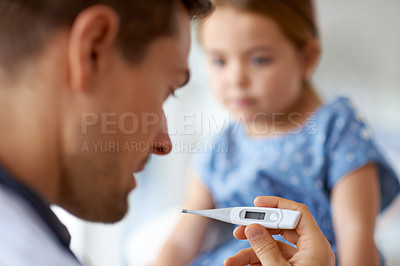 Buy stock photo Doctor, thermometer and closeup for temperature of children, medical risk and sick infection. Pediatrician, medicine results and tools for testing fever, virus or healthcare consulting in kids clinic