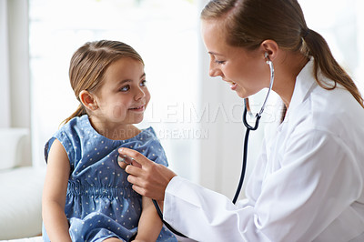 Buy stock photo Woman, child and stethoscope of pediatrician for healthcare consulting, check lungs and listening to heartbeat. Medical doctor, girl kid and chest assessment in clinic, hospital and patient wellness