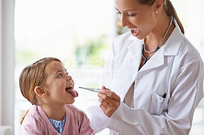 Buy stock photo Child, woman and doctor with thermometer in mouth for medical risk, assessment and analysis. Pediatrician, happy girl and testing temperature for fever, virus and healthcare consulting in kids clinic