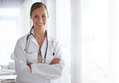 Buy stock photo Portrait of happy woman, arms crossed and doctor in hospital for healthcare, wellness and clinic services. Female medical employee, professional therapist and smile for trust, integrity and mockup 