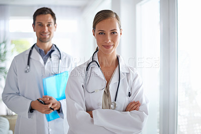 Buy stock photo Portrait of woman, doctors and leadership with arms crossed in hospital for healthcare, management and clinic services. Medical employees, manager and teamwork in collaboration, support and integrity