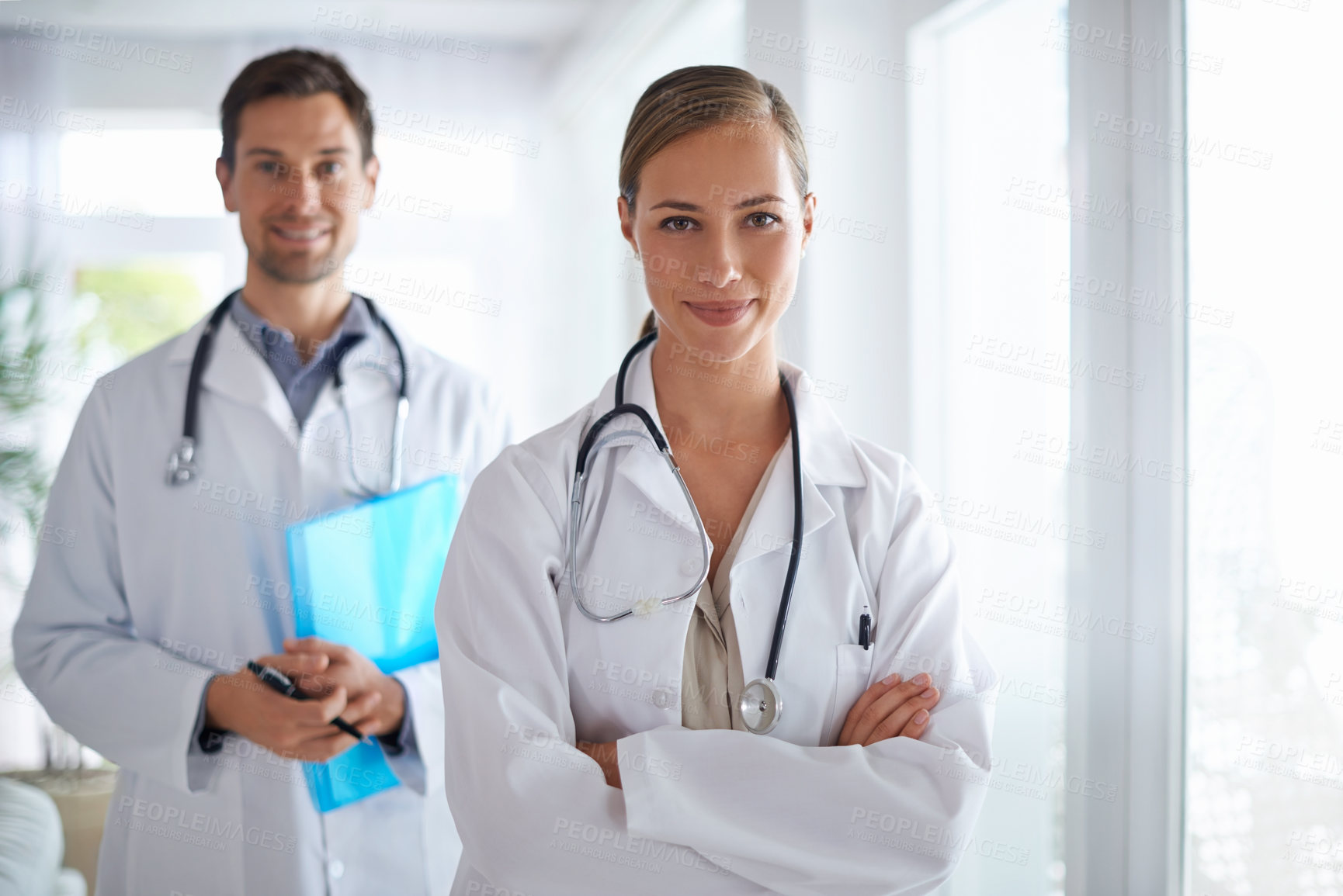 Buy stock photo Portrait of woman, doctors and leadership with arms crossed in hospital for healthcare, management and clinic services. Medical employees, manager and teamwork in collaboration, support and integrity