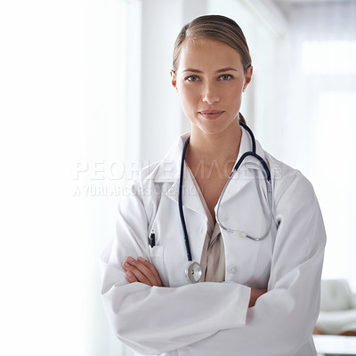 Buy stock photo Portrait of woman, arms crossed and doctor of clinic, healthcare management and hospital services. Confident female employee, professional therapist and medical worker with integrity, trust or mockup