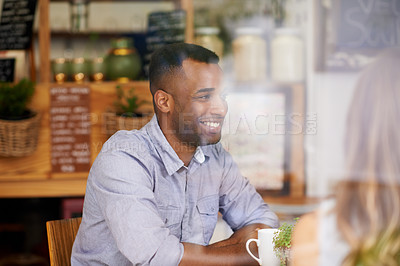 Buy stock photo Happy, man and friends in window at cafe for brunch together on holiday or vacation in Mexico. Person, smile and talk to people in coffee shop with funny conversation at lunch with espresso or latte