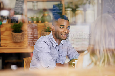Buy stock photo Happy, man and friends in window at cafe for brunch together on holiday or vacation in Mexico. Person, smile and talk to people in coffee shop for social, conversation at lunch with espresso or latte