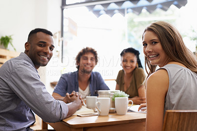 Buy stock photo Portrait, diversity and university friends in restaurant together for bonding, college social and study. Coffee shop, brunch and people relax in cafe with books, drinks and sharing happy discussion