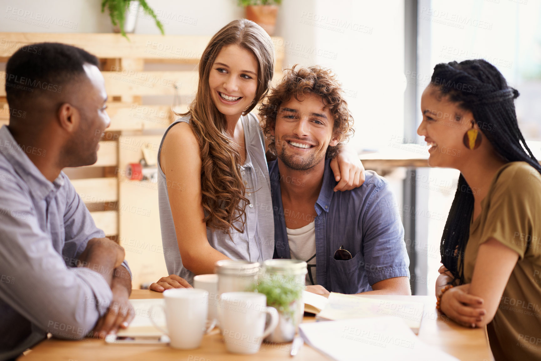 Buy stock photo Conversation, laugh and university friends in restaurant together for bonding, fun social and study group. Coffee shop, brunch and college students in cafe for book club, drinks and happy diversity.